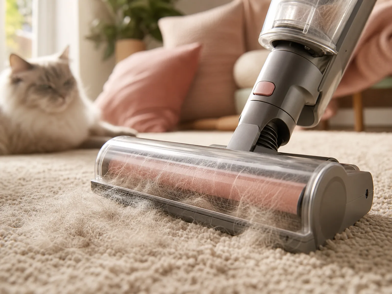 Close-up of a cordless stick vacuum brushroll lifting cat hair from a beige rug in warm morning window light