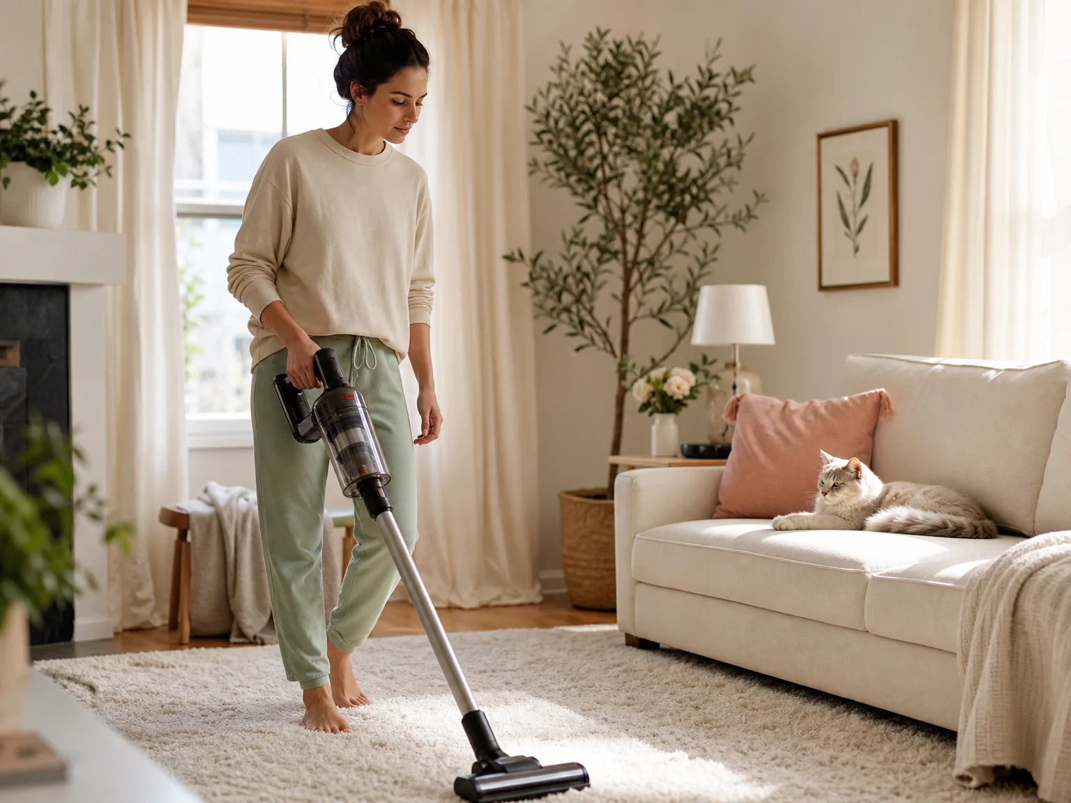 Woman in casual loungewear vacuuming a cream living-room rug with a cordless stick while a cat rests on a nearby sofa in warm window light