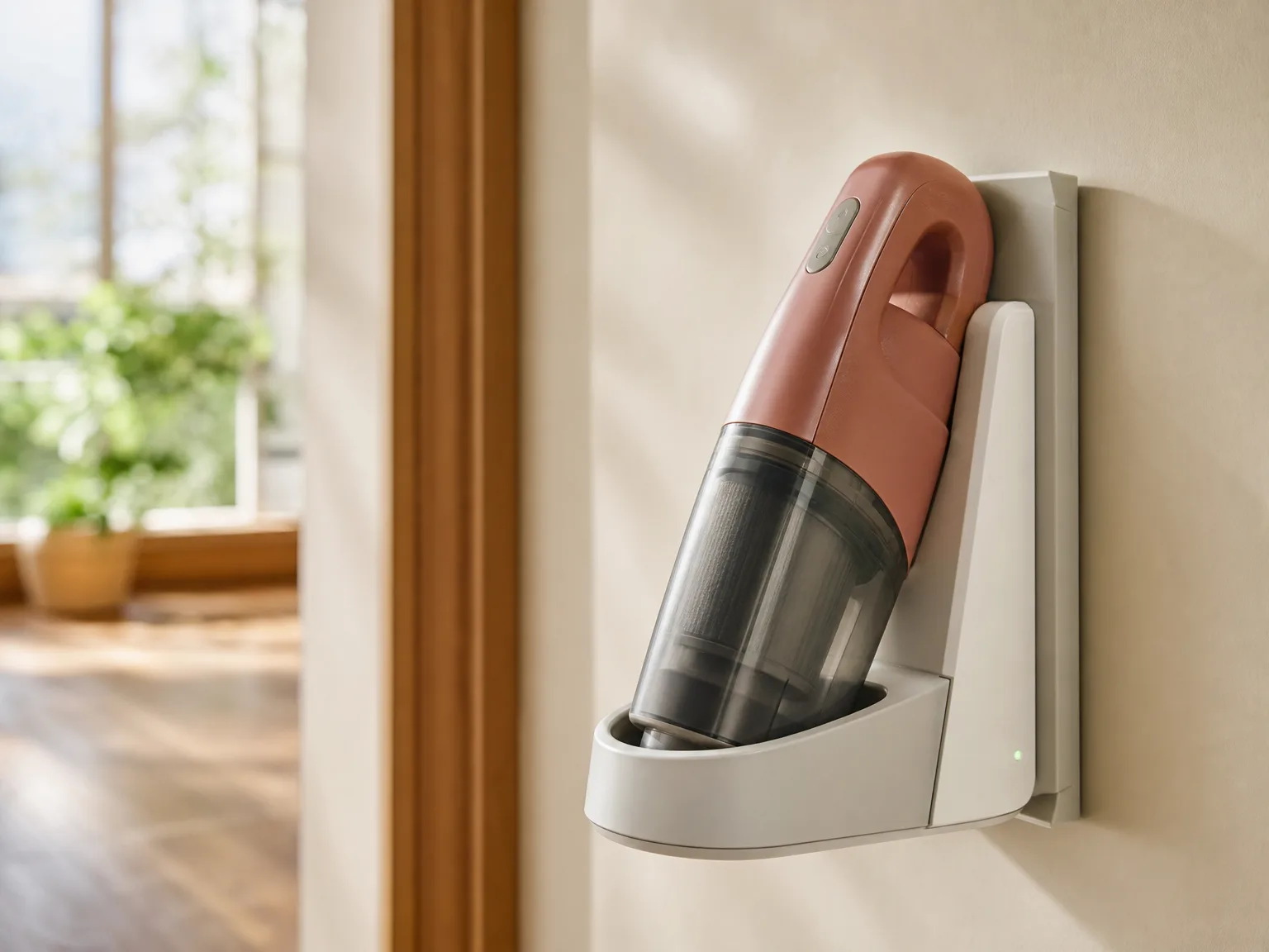 Close-up of a cordless handheld vacuum resting on a wall-mount charging dock in a bright hallway near a kitchen entry