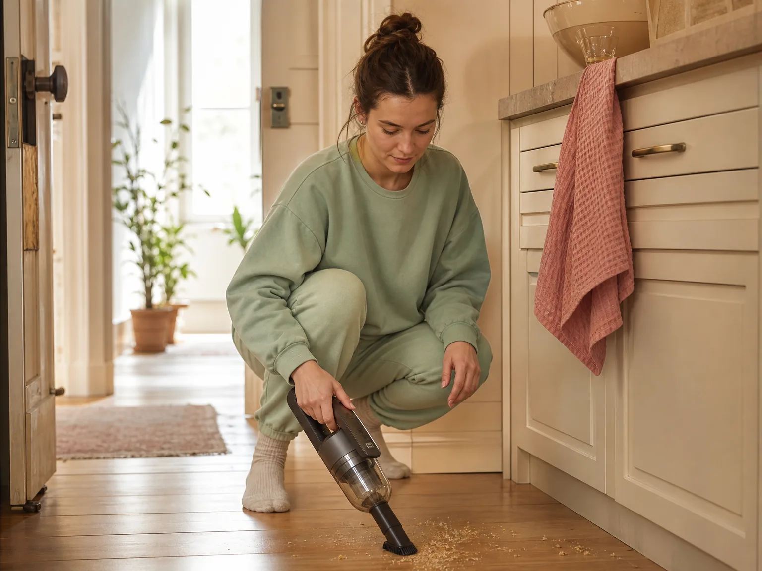 A woman in her early thirties using a cordless handheld vacuum on kitchen floor crumbs near a sunlit hallway wall dock