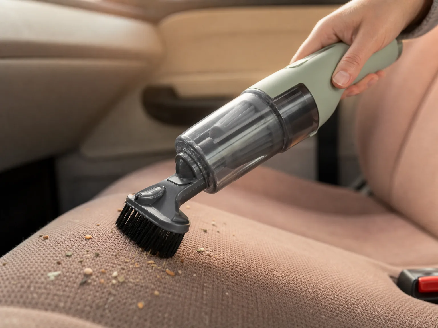 Close-up of a cordless handheld vacuum nozzle and flip brush beside car seat fabric and loose crumbs, warm window light