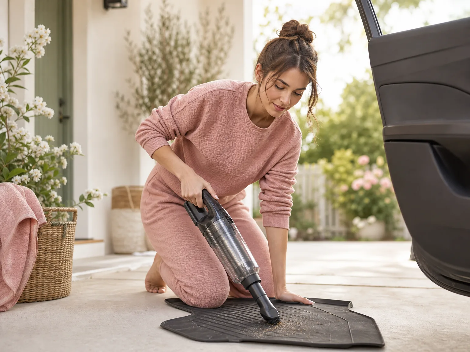 A woman in her early thirties using a cordless handheld vacuum on a car seat in a sunlit driveway, warm cream and rose tones