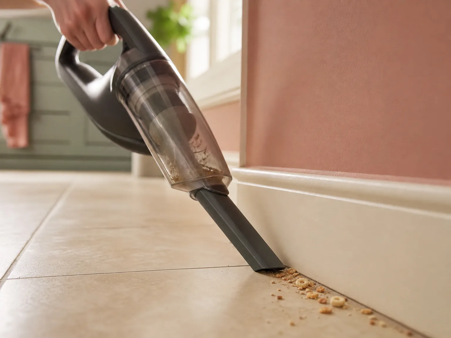 Close-up of a cordless handheld vacuum crevice tool cleaning crumbs along a kitchen baseboard in warm window light