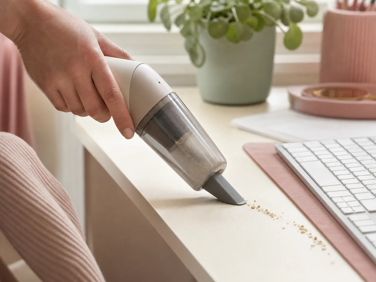 Close-up of a palm-sized cordless handheld vacuum clearing crumbs along a desk edge near a keyboard in warm window light