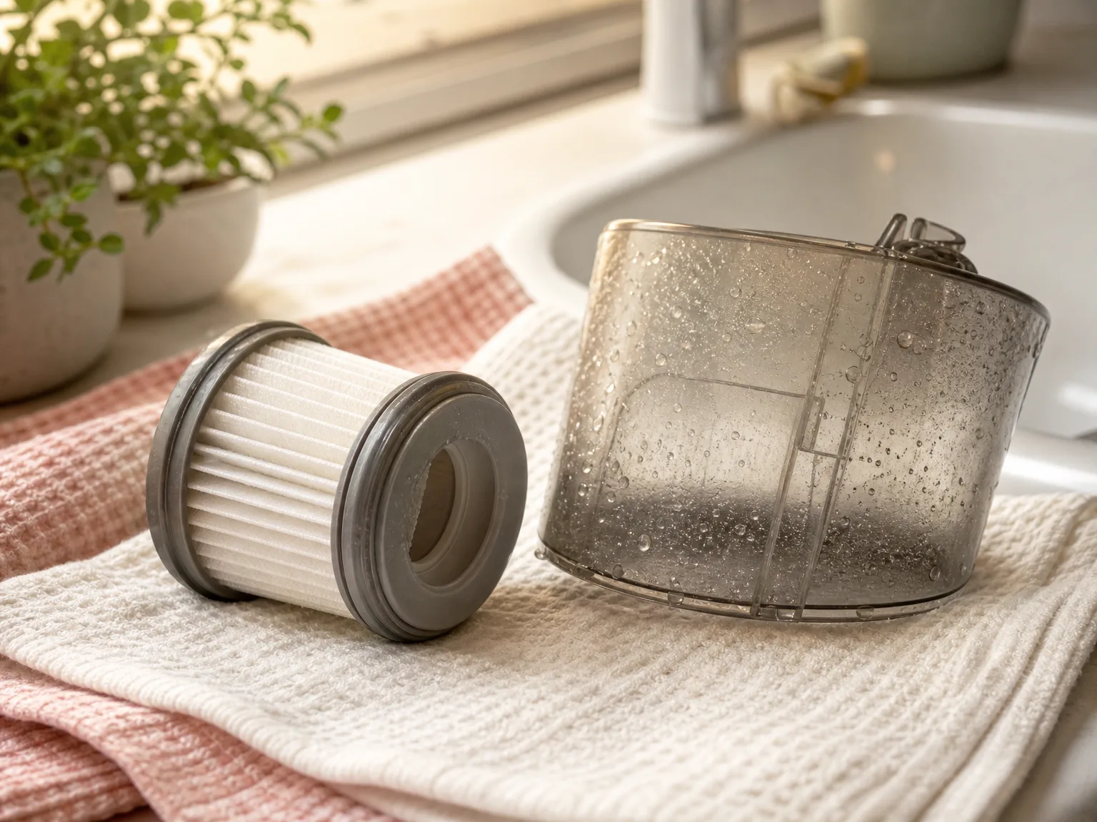 Close-up of a washable handheld vacuum filter and translucent dirt bowl drying beside a kitchen sink after a rinse