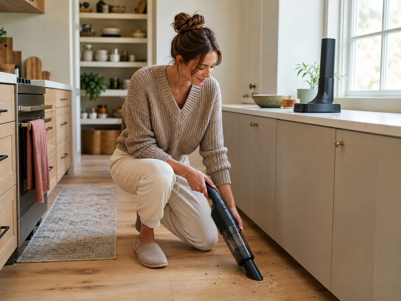 A woman in her early thirties using a cordless handheld vacuum on kitchen floor crumbs near a sunlit charging station