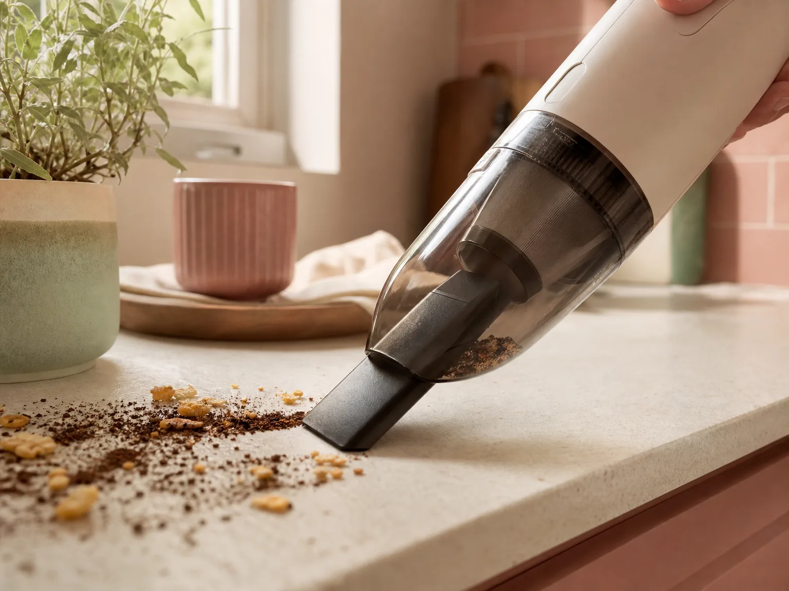Close-up of a cordless handheld vacuum nozzle clearing coffee grounds and cereal crumbs from a warm cream kitchen counter