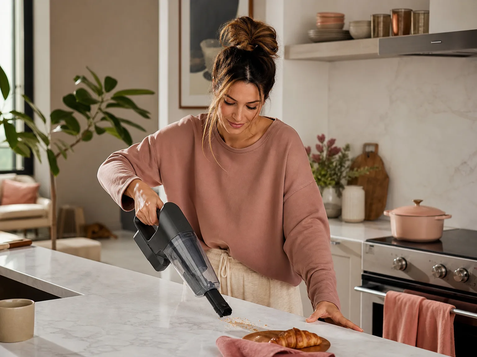 A woman in her early thirties using a cordless handheld vacuum on kitchen counter crumbs in a sunlit apartment
