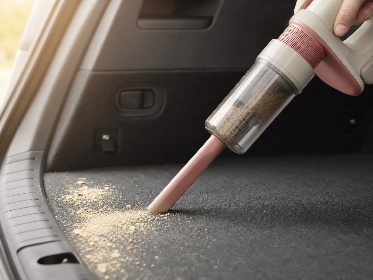 Close-up of a cordless handheld vacuum nozzle clearing dry grit from a car trunk liner in warm window light