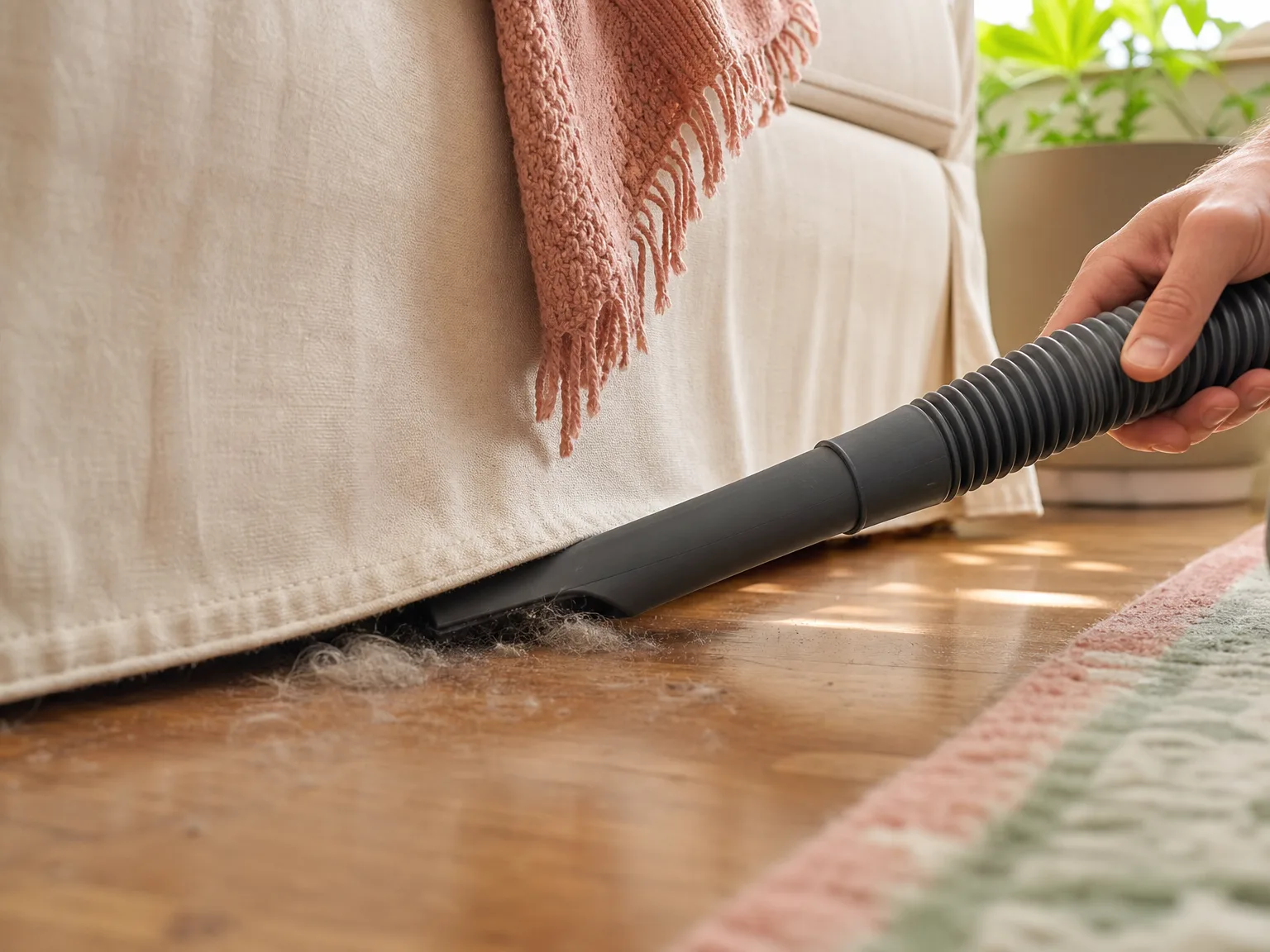 Close-up of a flexible vacuum hose nozzle reaching under a cream sofa in warm window light