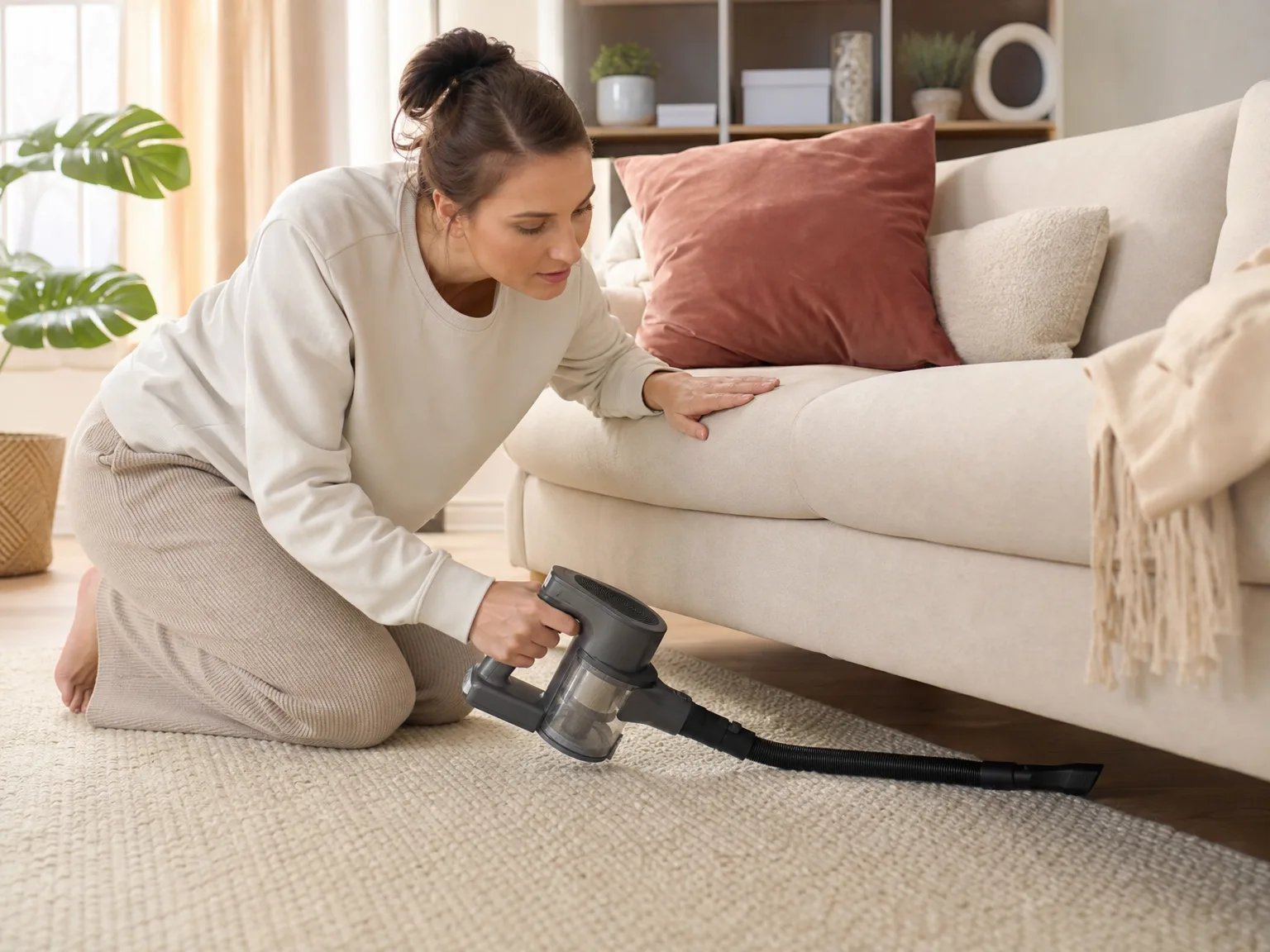 A woman in her early thirties using a cordless handheld vacuum with a flexible hose under a sofa in a sunlit living room