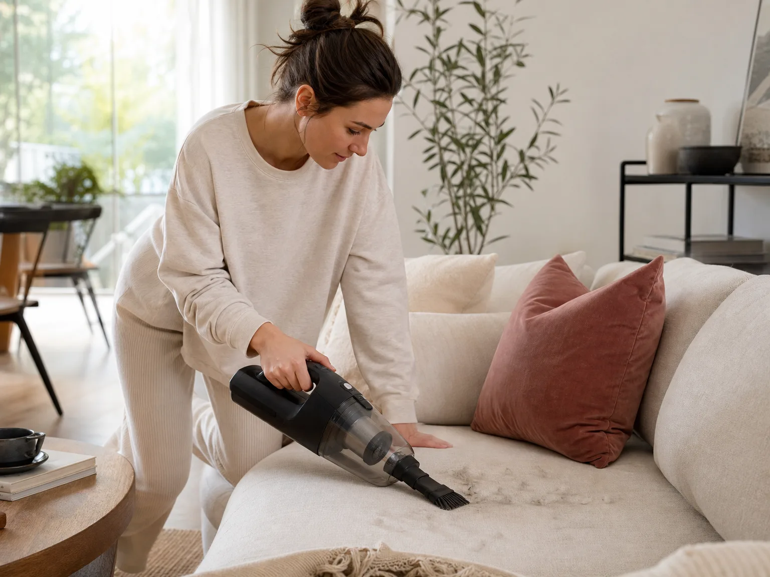 Woman in her thirties using a cordless handheld vacuum on a cream sofa with visible pet hair in a warm sunlit living room