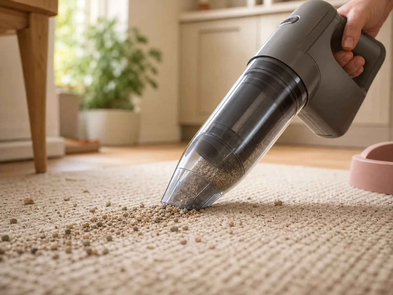 Close-up of a cordless handheld vacuum nozzle clearing dry litter and crumbs from a textured kitchen rug in warm window light