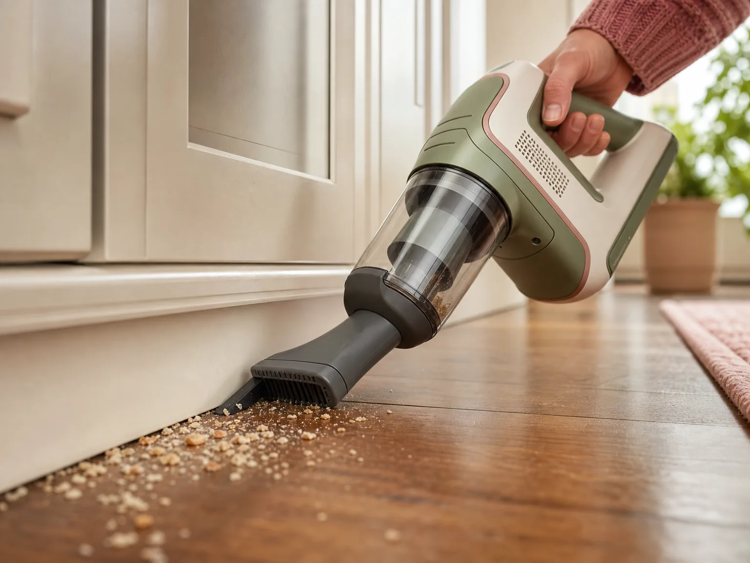 Close-up of a handheld vacuum wide mouth and crevice tool clearing crumbs from a kitchen baseboard edge