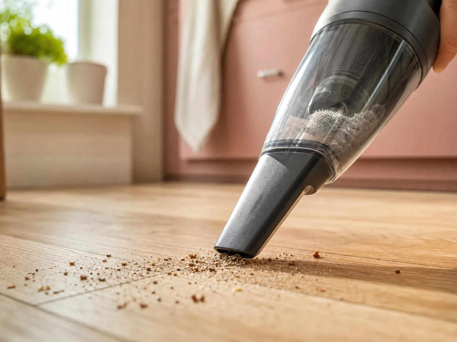 Close-up of a handheld vacuum nozzle lifting crumbs and fine grit from a light hardwood kitchen floor