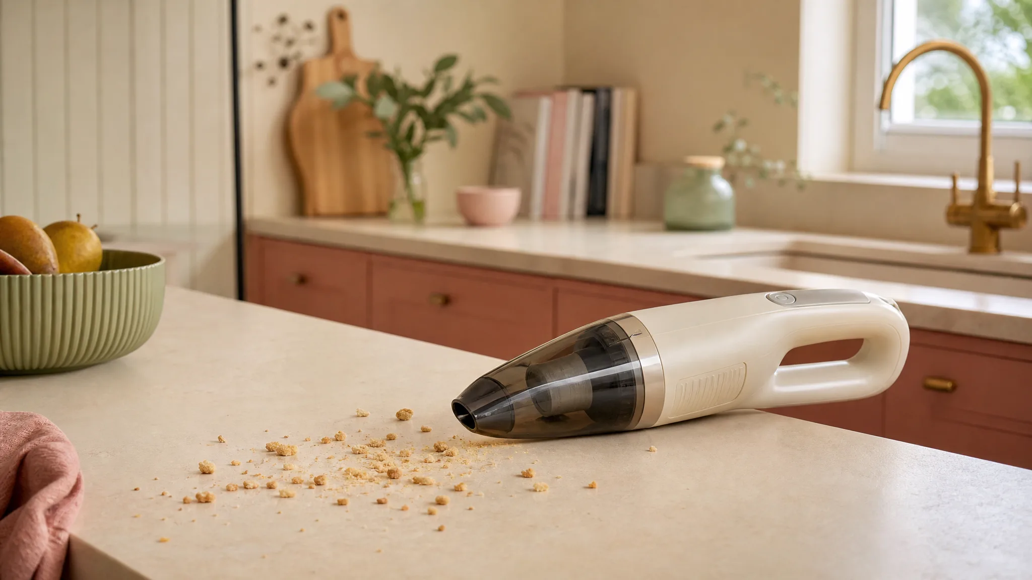A slim cordless handheld vacuum resting on a warm cream kitchen counter beside scattered crumbs in soft morning light