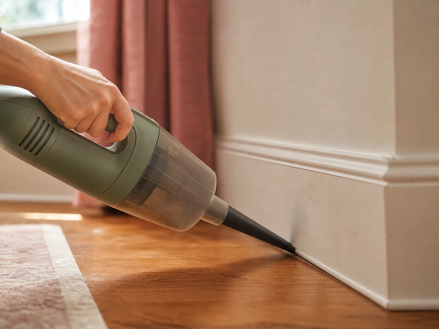 Close-up of a handheld vacuum pivoting nozzle angled into a baseboard corner on a warm hardwood floor