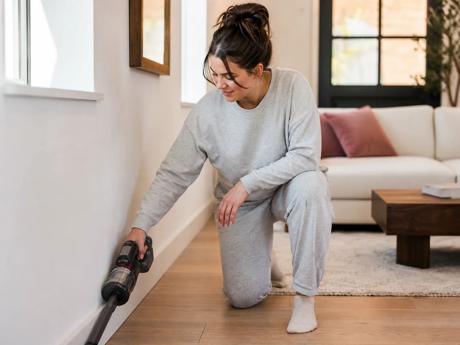Woman in casual loungewear using a cordless handheld vacuum along a baseboard in a sunlit living room