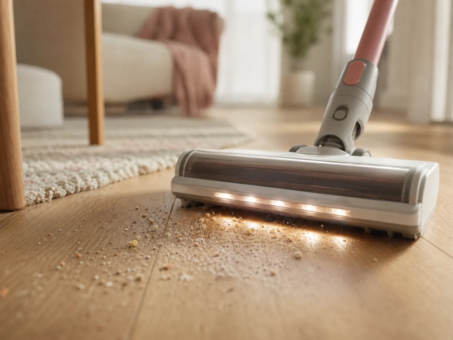 Close-up of a cordless stick vacuum floor head with an LED light showing crumbs on warm hardwood