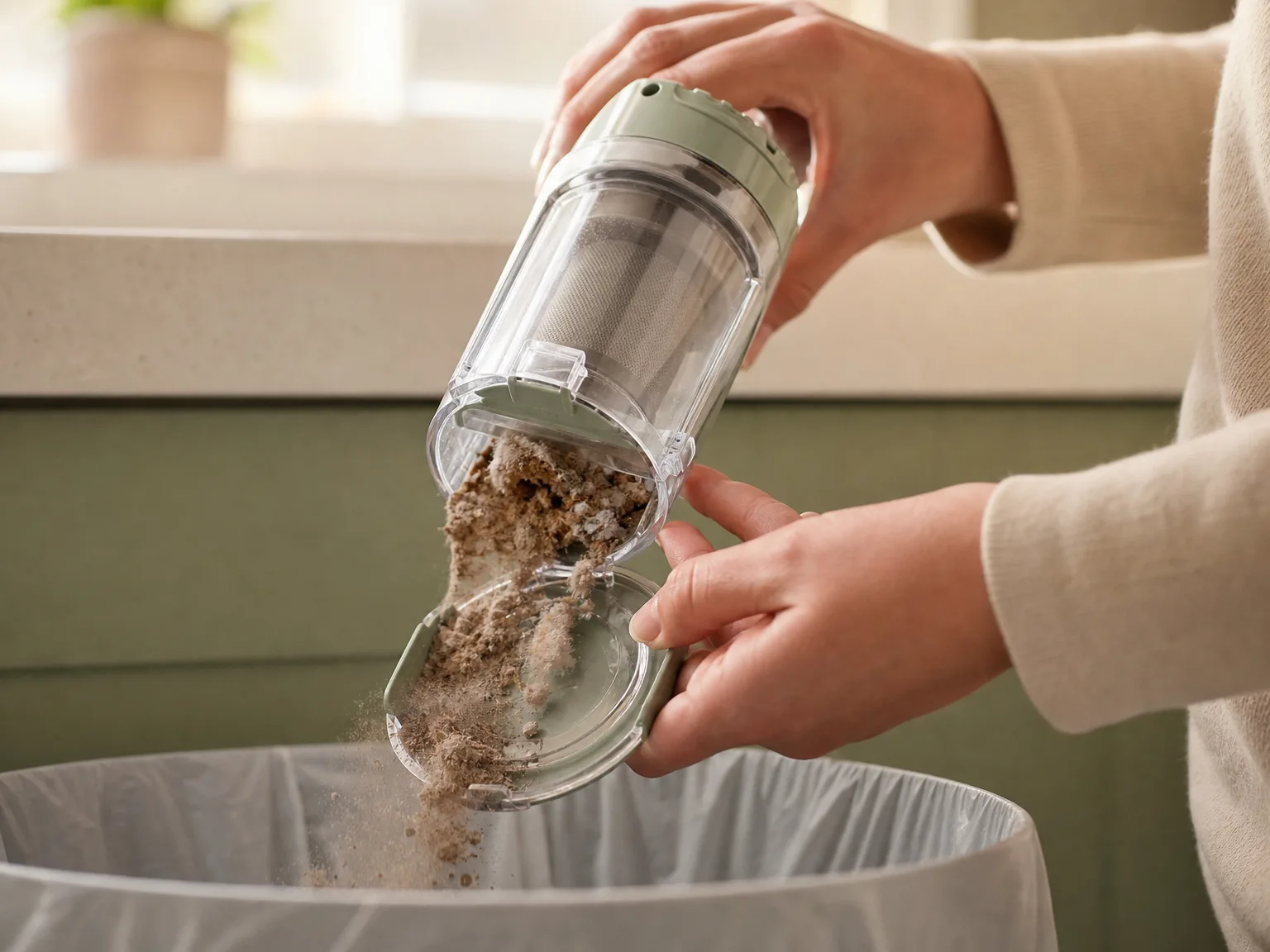 Close-up of a small bagless dust cup being emptied over a trash bin, warm kitchen light