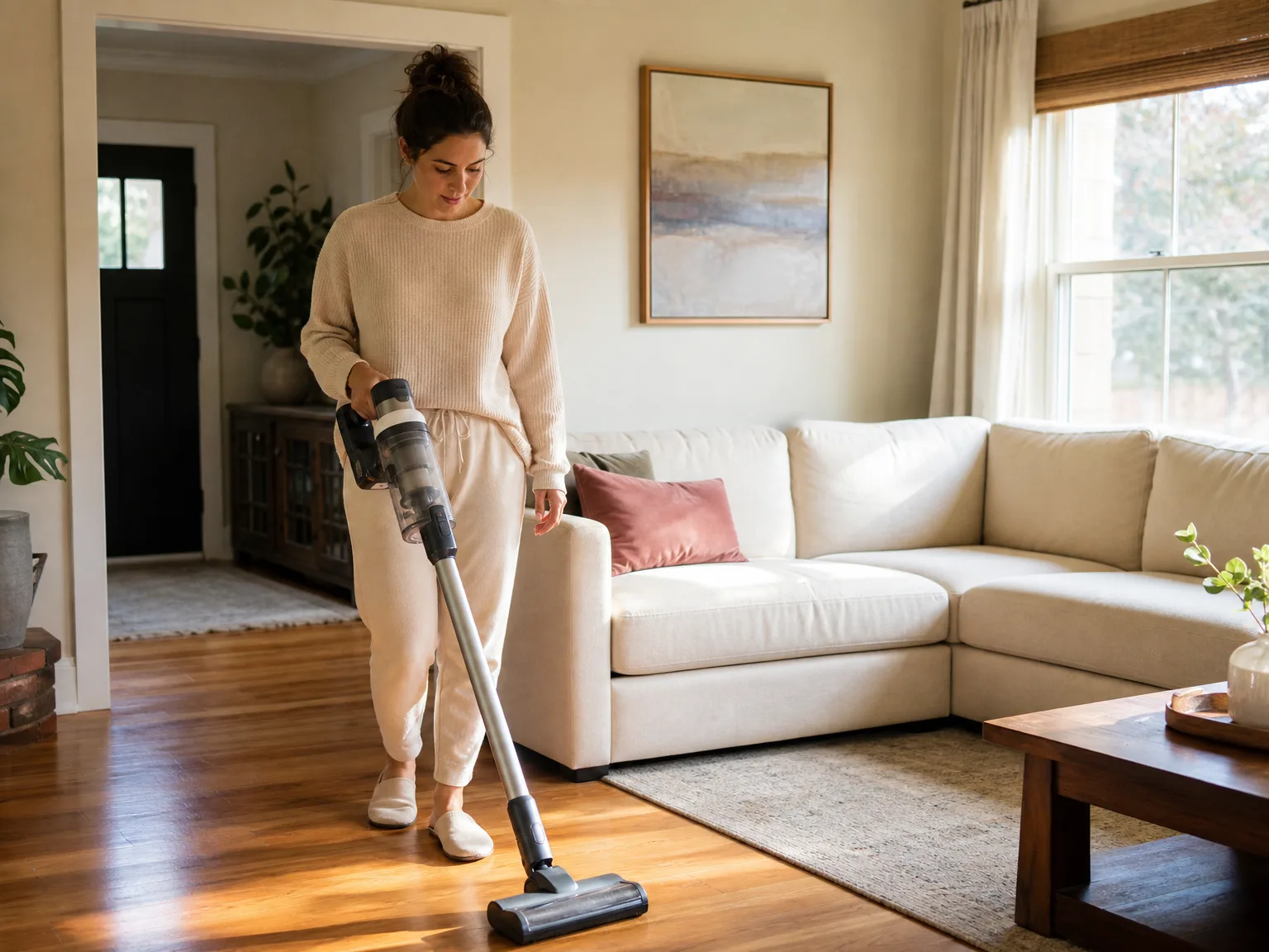 A woman in her early thirties guiding a lightweight cordless stick vacuum across sunlit hardwood in a lived-in living room