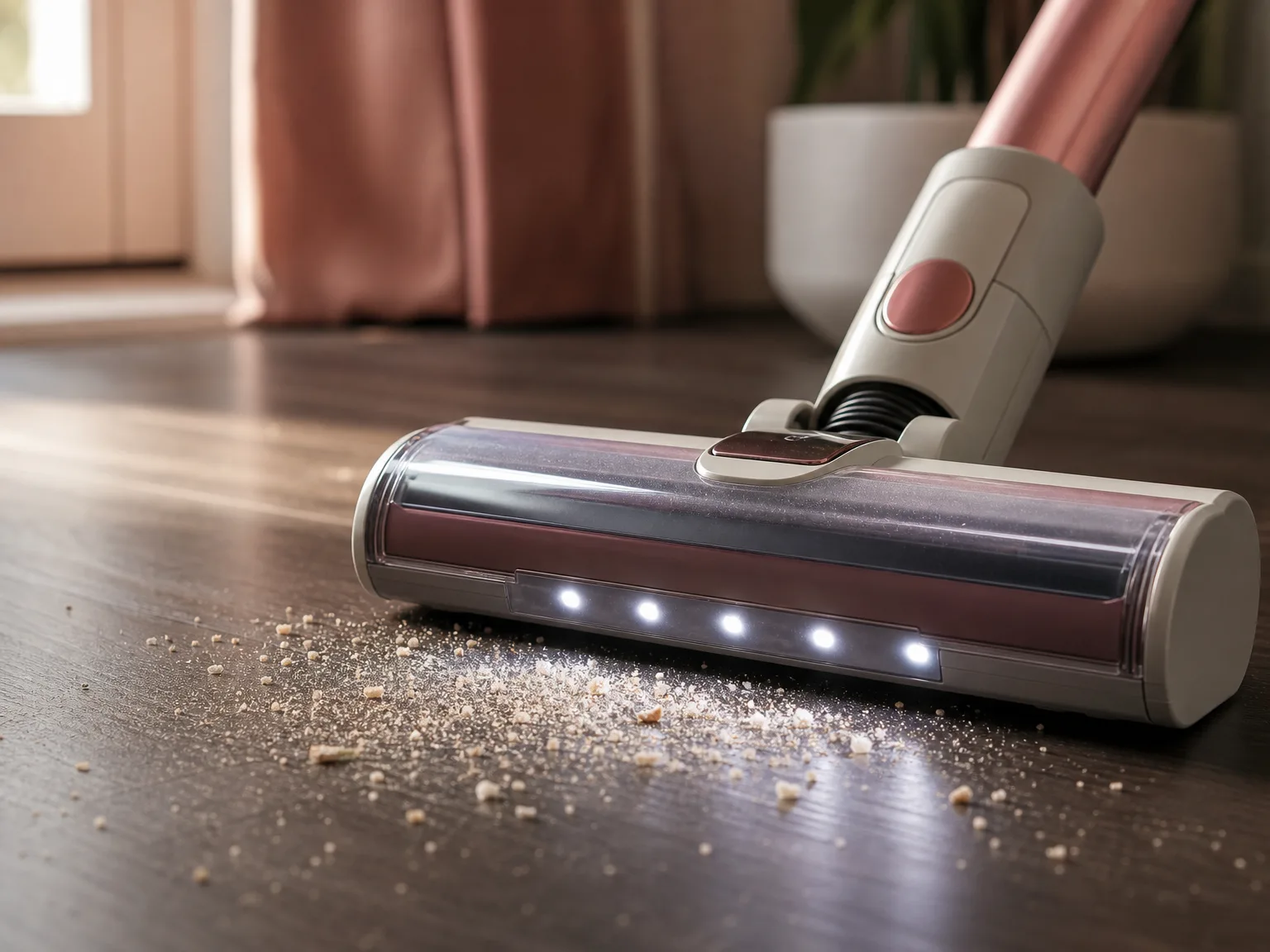 Close-up of a cordless stick vacuum floor nozzle with LED lights illuminating dust on dark hardwood