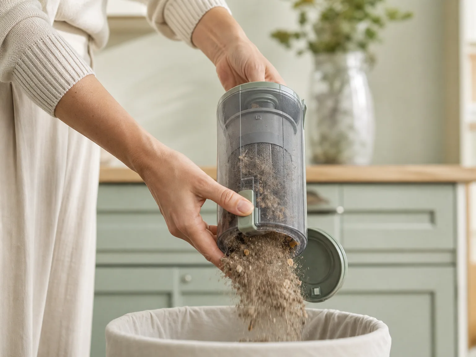 Close-up of a cordless stick vacuum dust cup being emptied over a trash bin