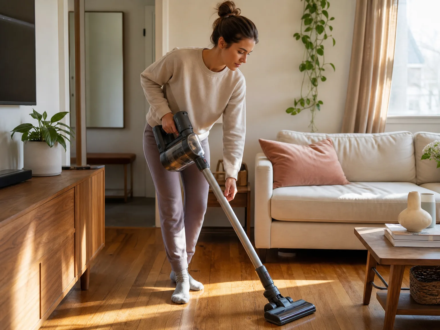 Woman vacuuming hard floors in a sunlit home with a lightweight cordless stick vacuum and LED floor lights