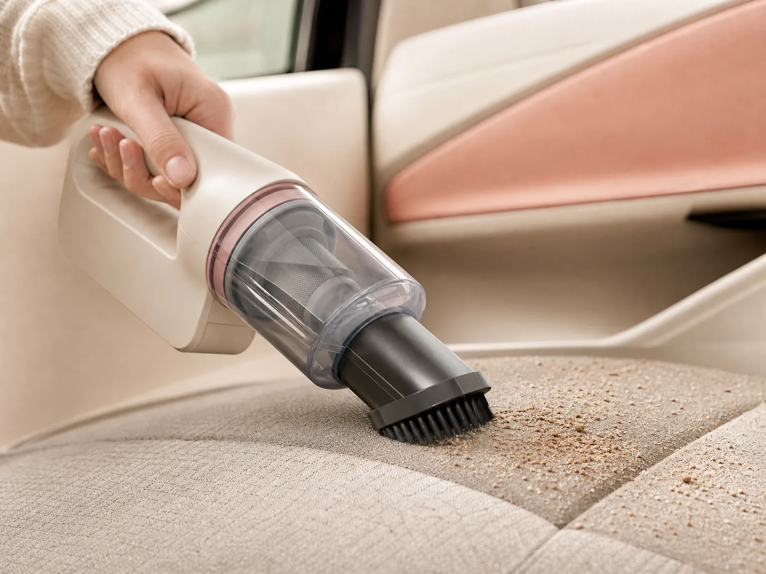 Close-up of a cordless handheld vacuum brush nozzle clearing crumbs from a fabric car seat, warm window light