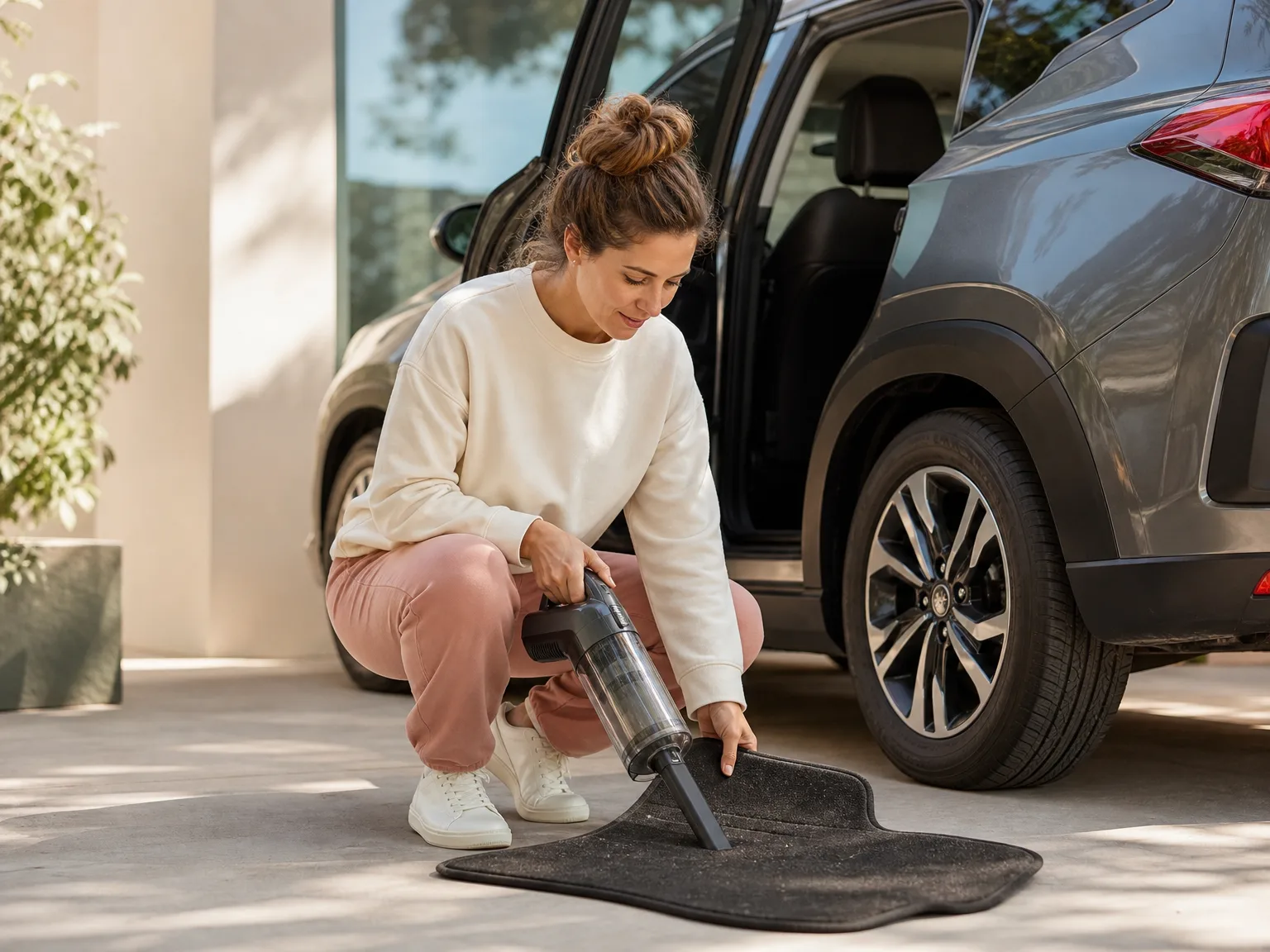A woman in her early thirties using a cordless handheld vacuum on a car floor mat in a sunlit driveway