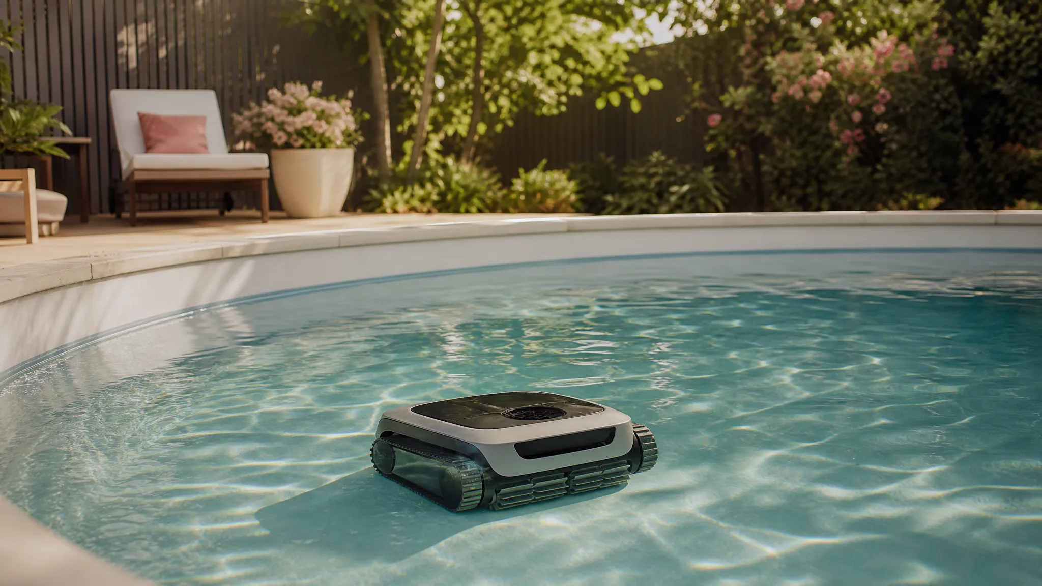 A cordless robotic pool cleaner gliding across the floor of a sunlit above-ground pool on a warm summer afternoon, soft ripples on the water surface