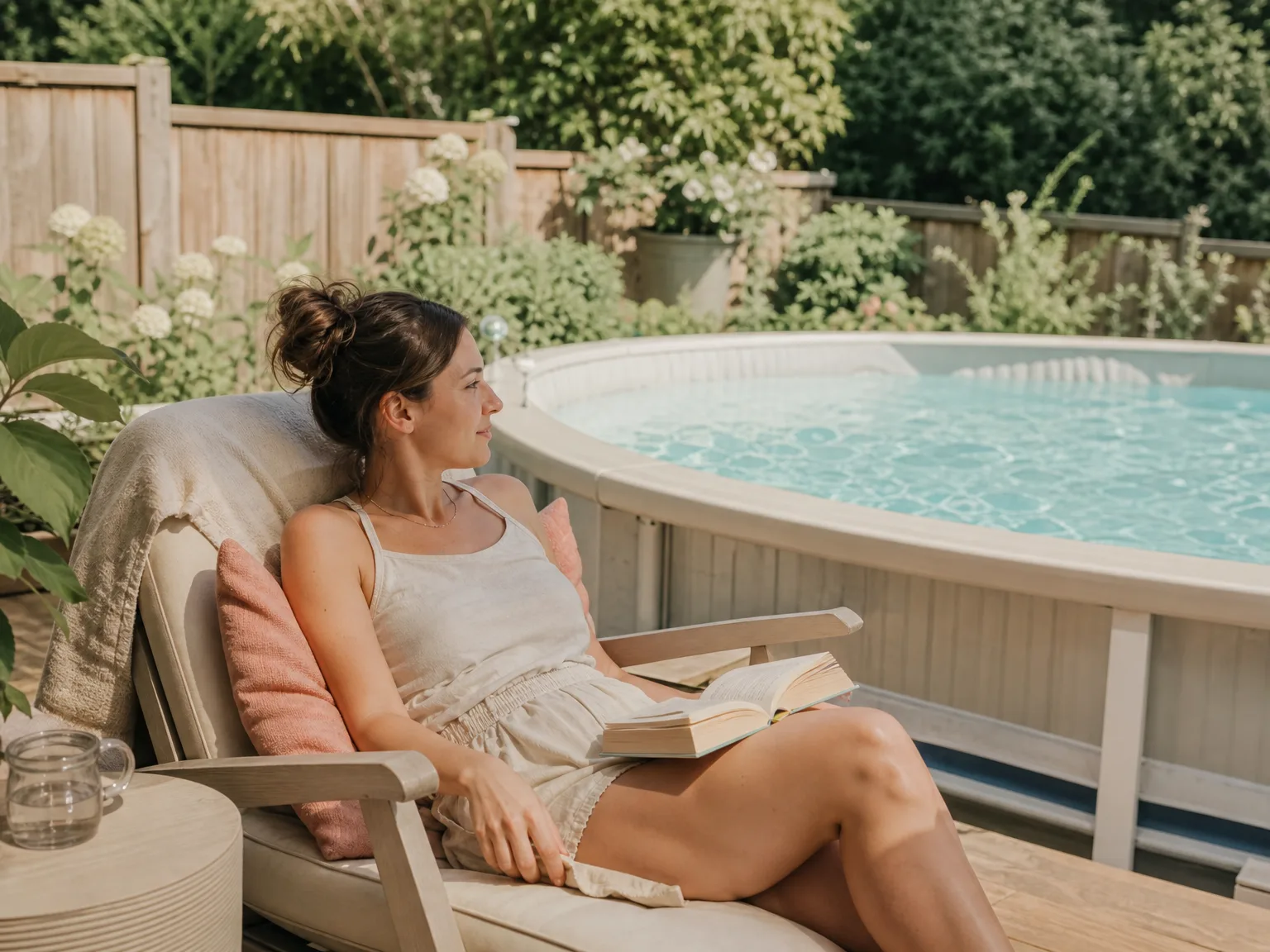 A woman relaxing in a lounge chair beside an above-ground pool on a sunny afternoon, the pool water crystal clear, warm summer light filtering through nearby trees