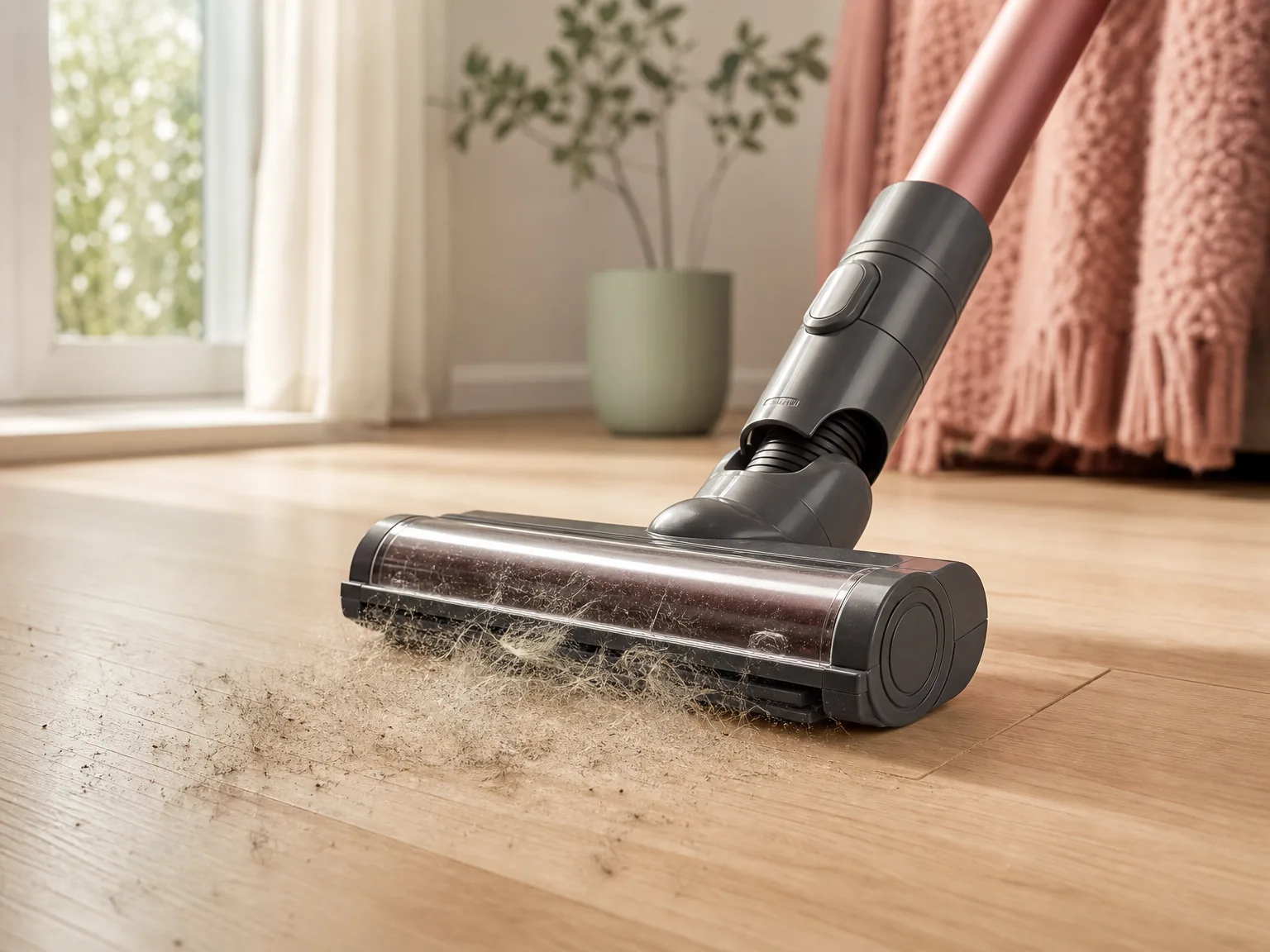 Close-up of a cordless stick vacuum brush head lifting pet hair from warm cream hardwood in soft window light