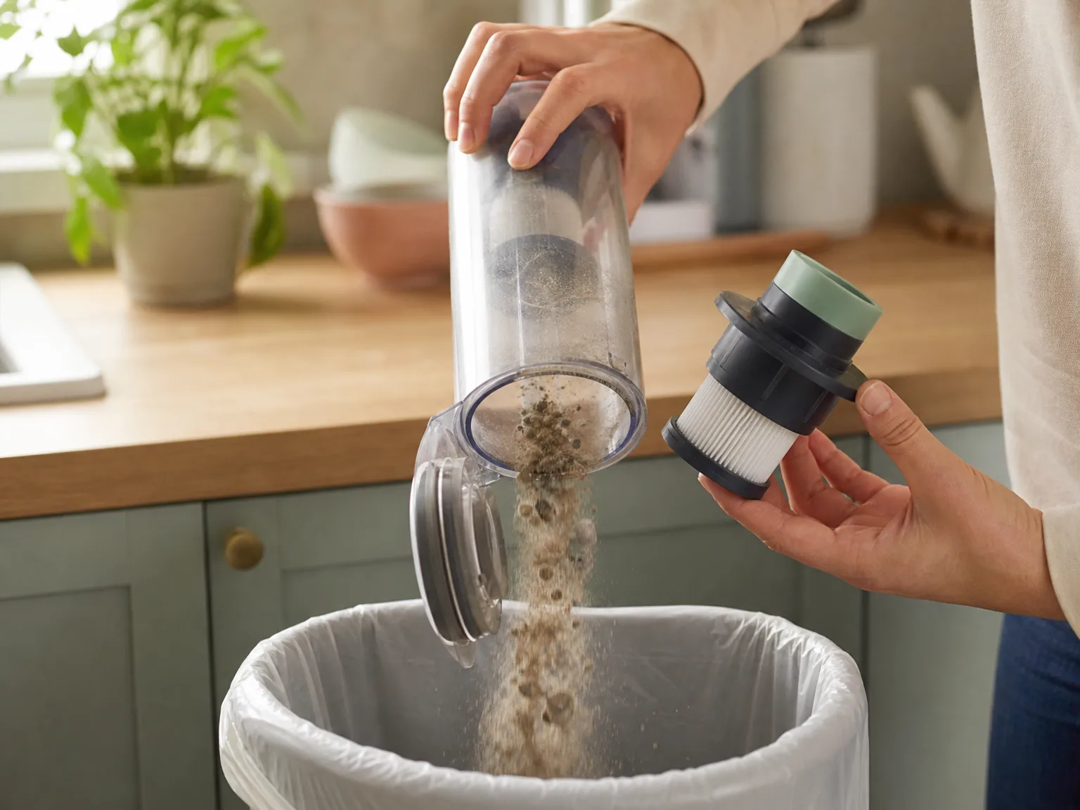 Close-up of a bagless cordless vacuum dust cup and filter module being emptied over a trash bin in warm kitchen light