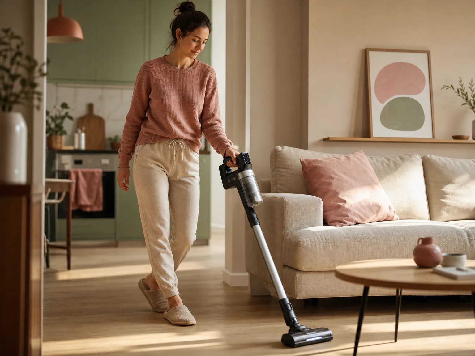 Woman in casual loungewear guiding a lightweight cordless stick vacuum across sunlit laminate near a cream sofa