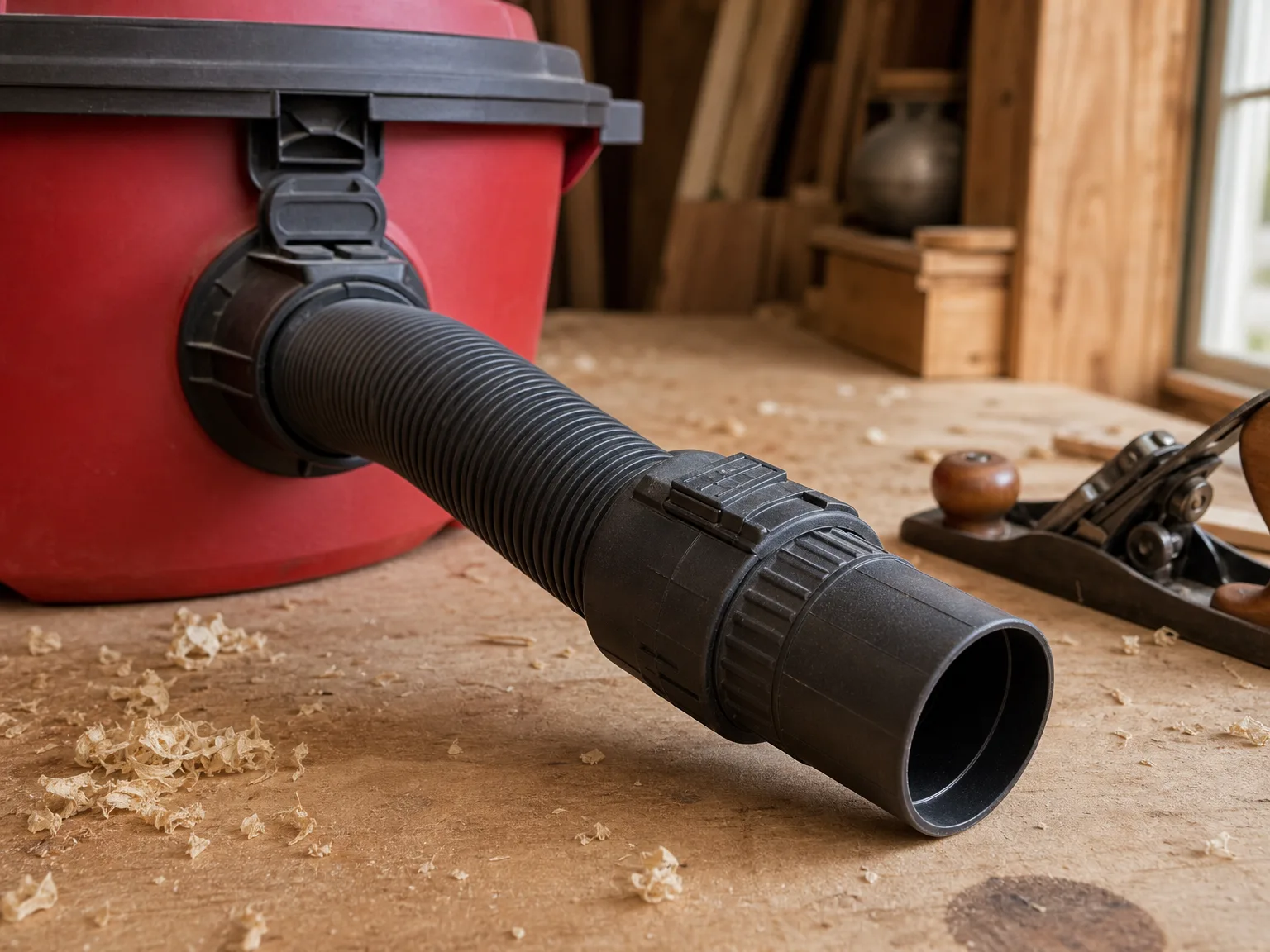 Close-up of the CRAFTSMAN shop vac hose locking collar and 2.5-inch accessories on a garage workbench