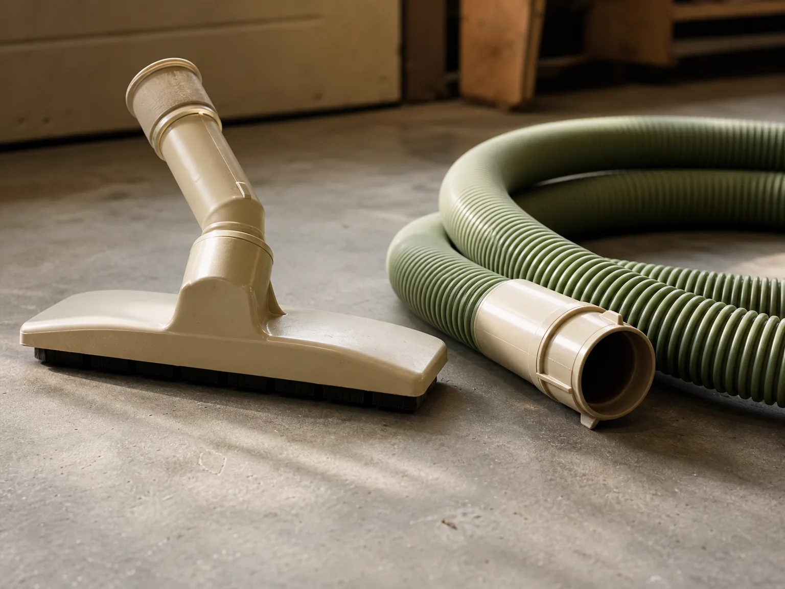 Close-up of the included 7-foot hose and 9-inch floor tool on a concrete garage floor