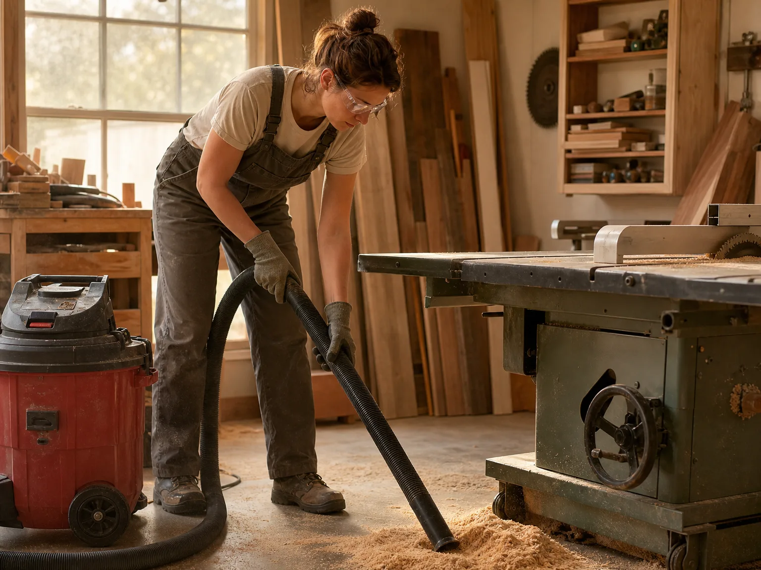 A person in a workshop vacuuming sawdust from around a table saw with the CRAFTSMAN shop vac