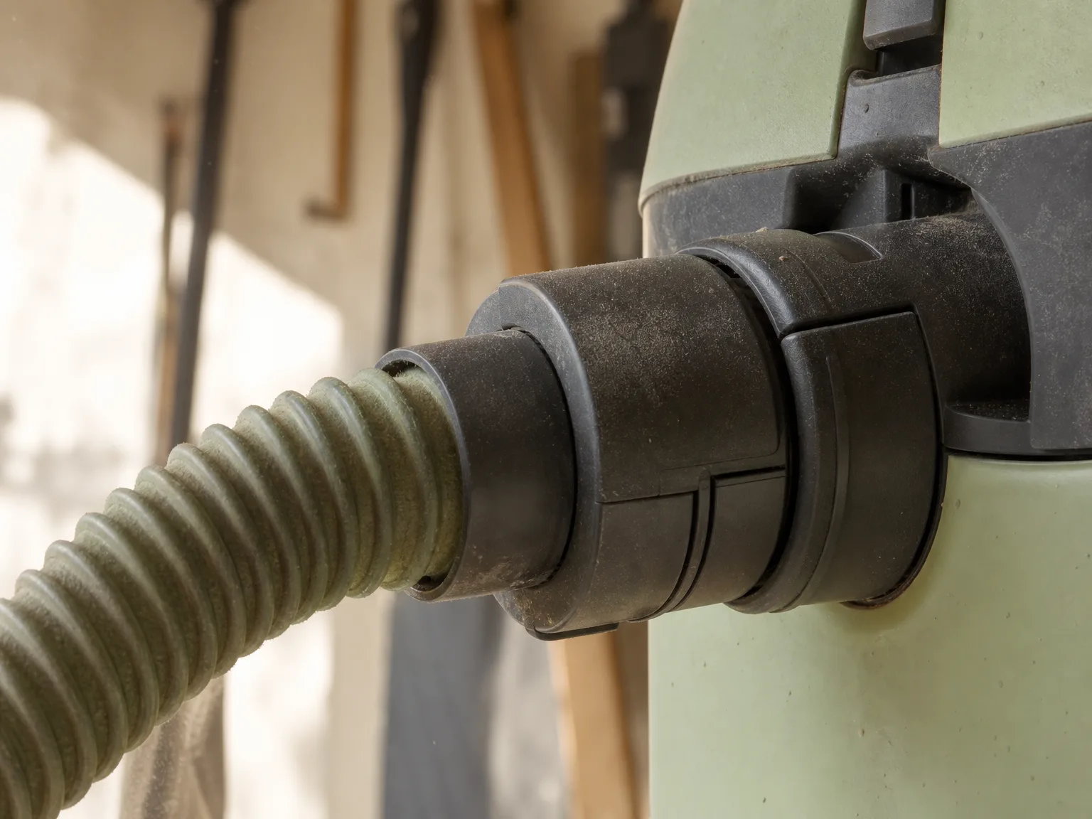 Close-up of a shop vacuum hose connection showing swivel-end mechanism, shallow depth of field, warm workshop lighting