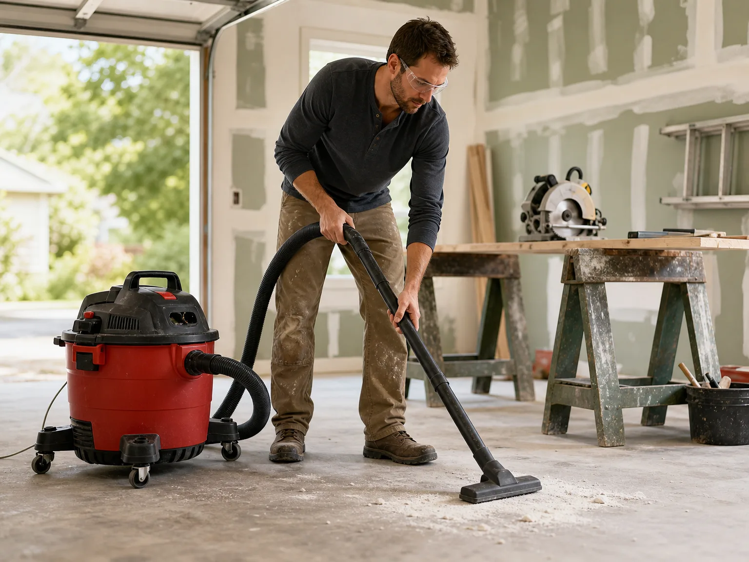 A garage workshop with a red shop vacuum and renovation tools after a project, warm natural light, lived-in workspace atmosphere
