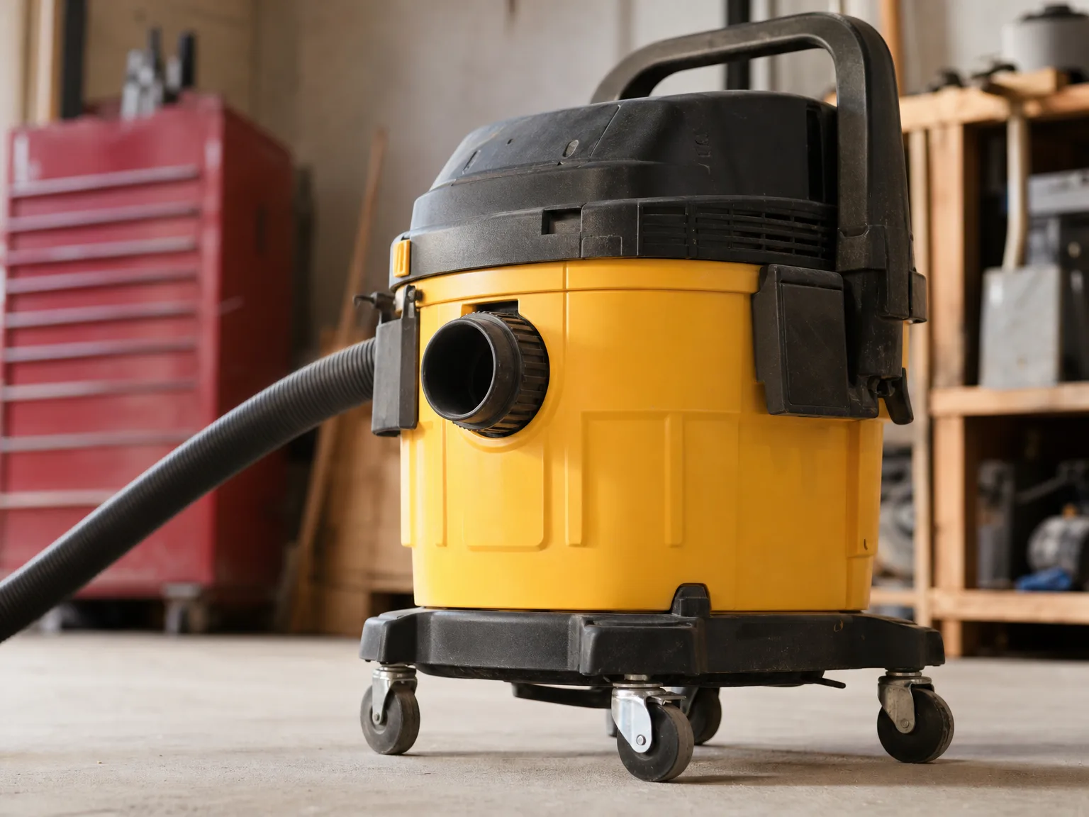 Close-up of the DEWALT DXV12P large 12-gallon polyethylene tank with sturdy locking casters on a painted garage floor