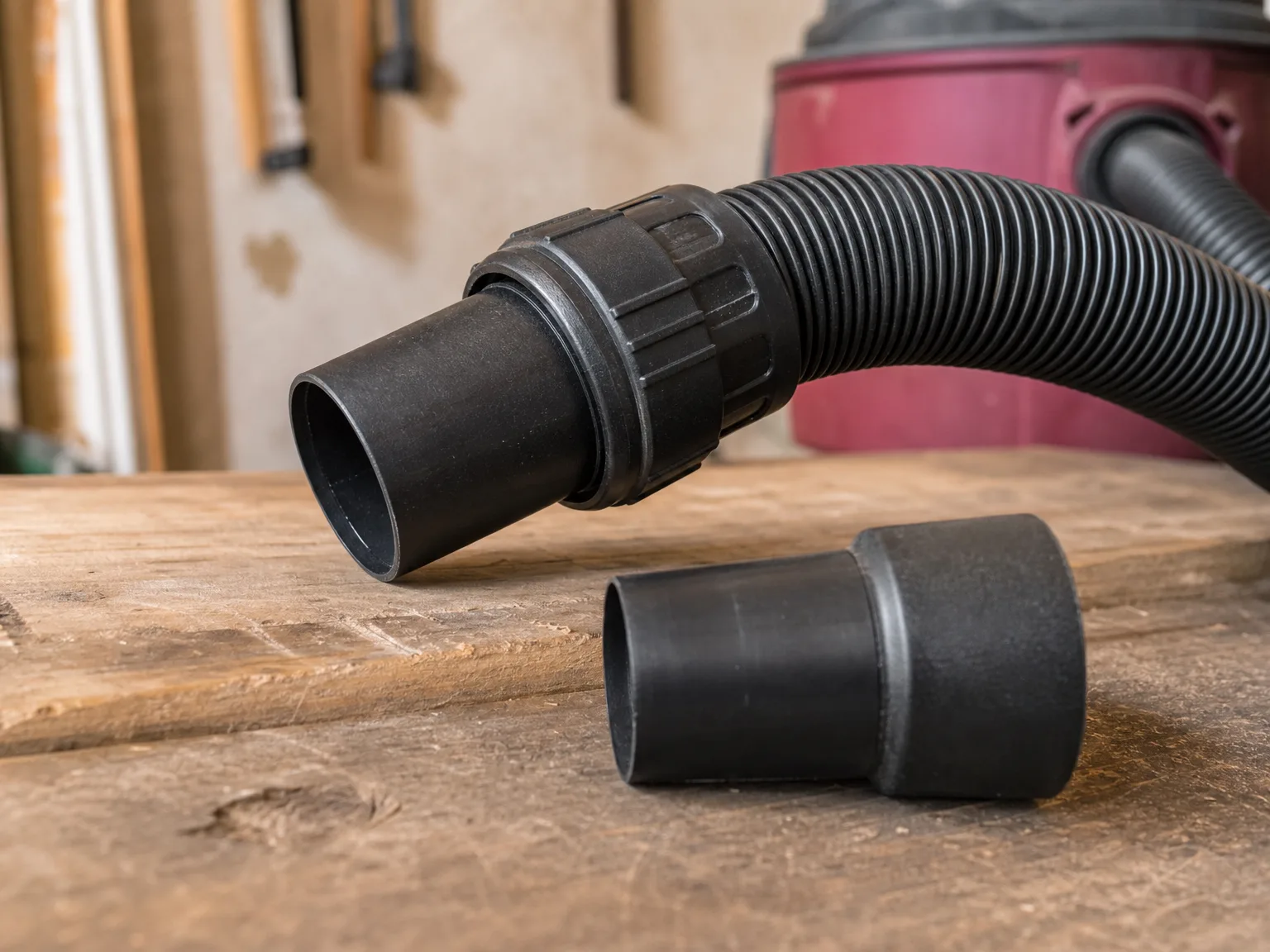 Close-up of the stiff 7-foot hose and plastic attachment connectors showing the rigid non-swivel design