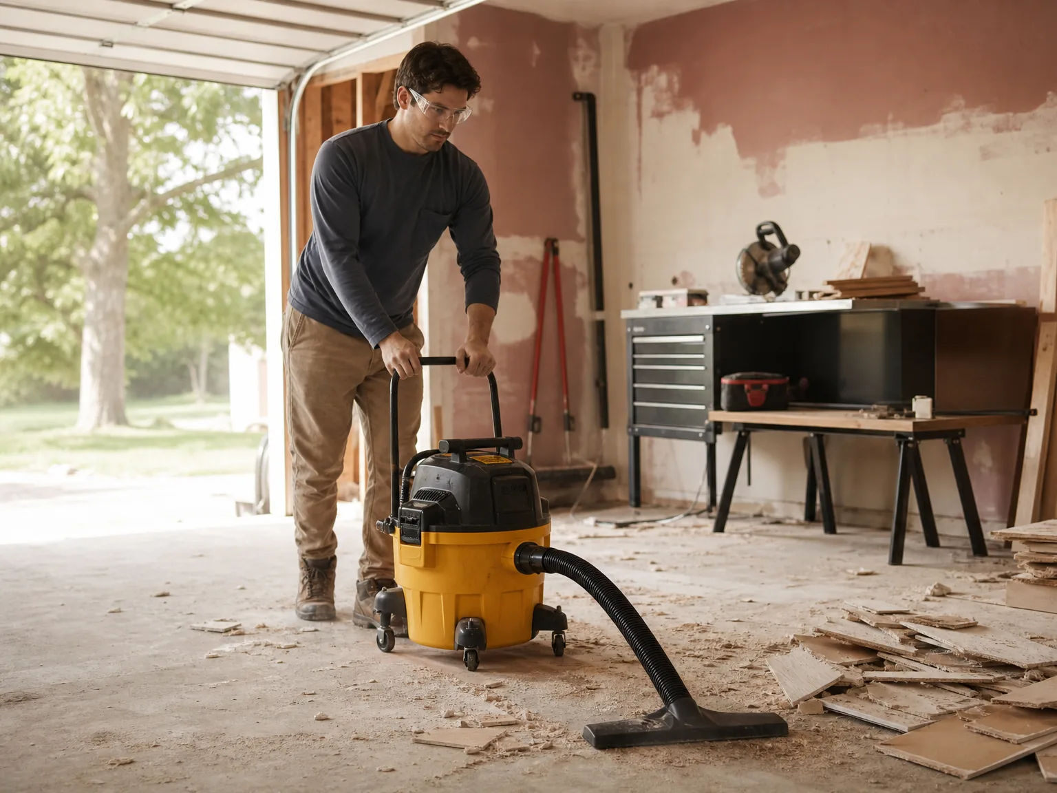 A person in casual work clothes pushing the DEWALT 12-gallon shop vac across a garage workshop floor during renovation cleanup, natural light from an open garage door