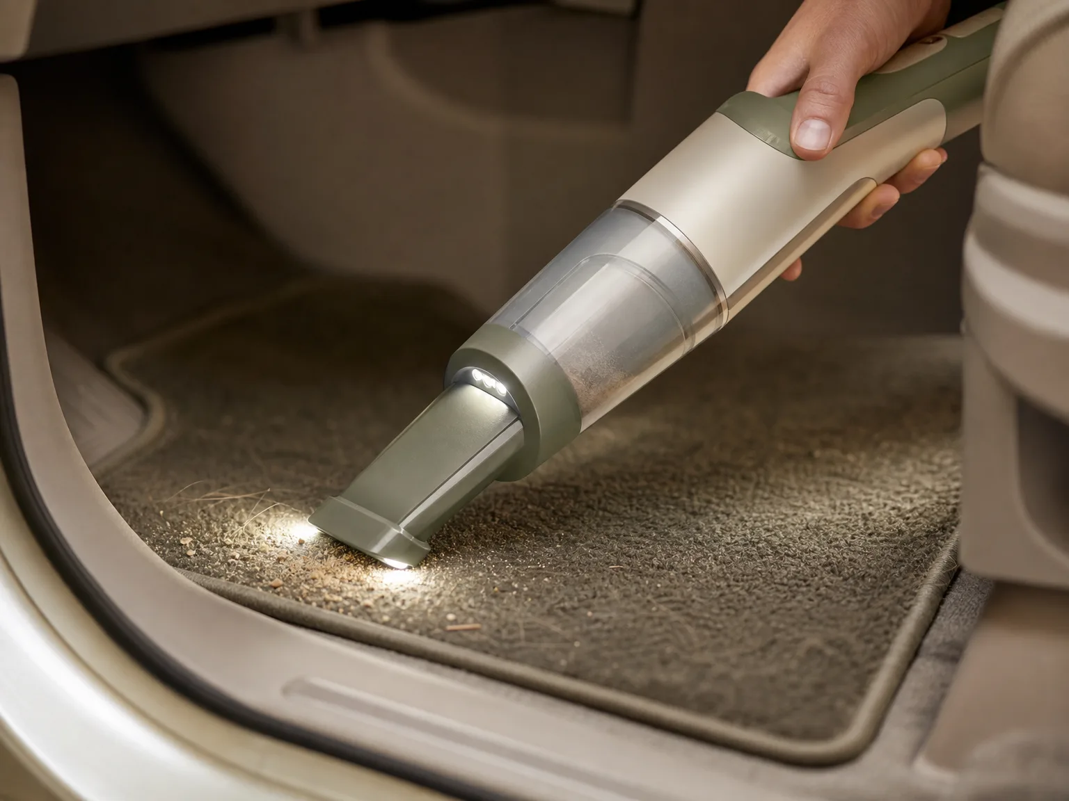 Close-up of the DEWALT handheld vacuum nozzle with LED light illuminating a car floor mat, showing embedded sand and pet hair