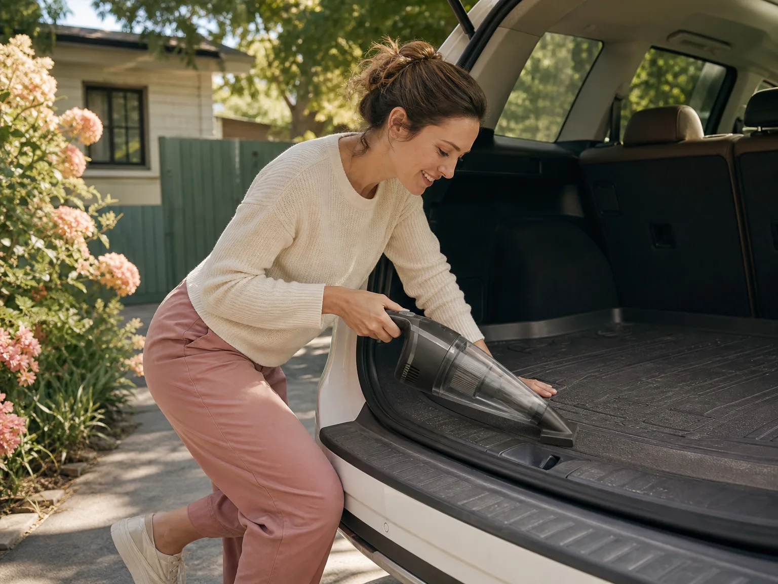 A woman using the DEWALT handheld vacuum on car floor mats in a driveway, early afternoon sunlight, casual weekend chore setting