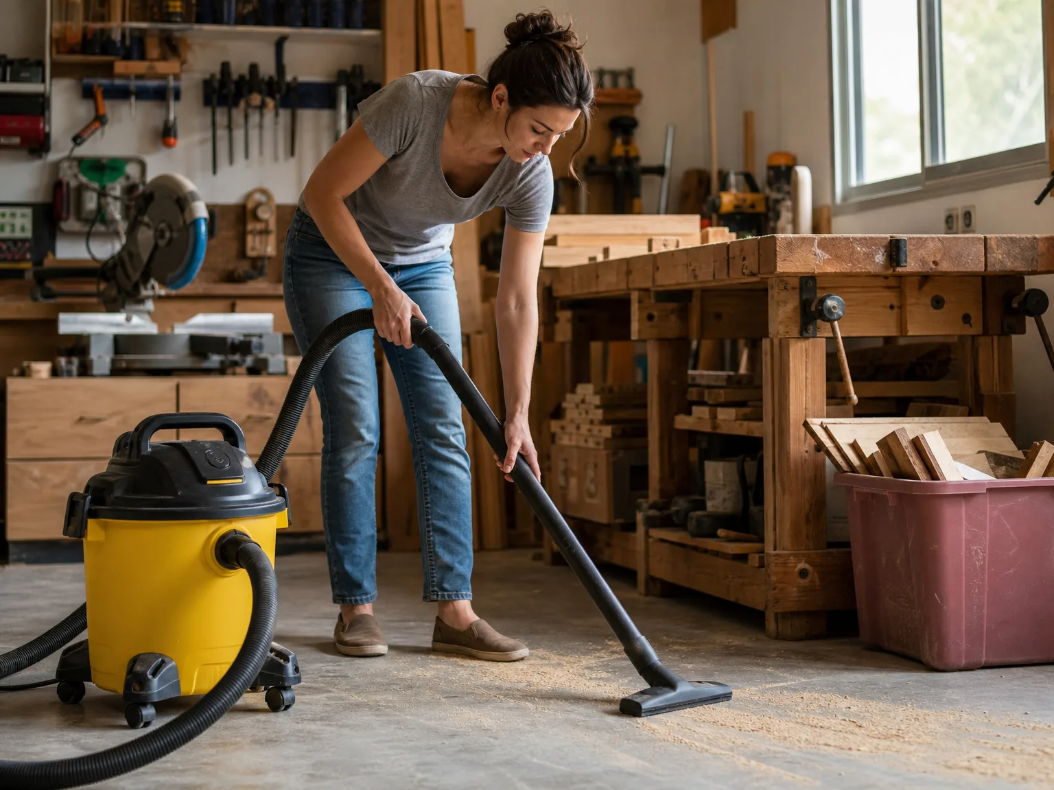 A woman in her early thirties using a yellow wet/dry shop vacuum to clean sawdust from a home garage workbench area, warm natural light, casual loungewear and jeans