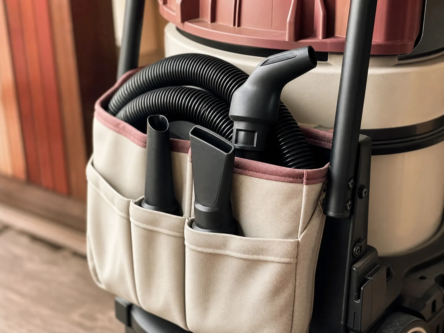 Close-up of the shop vac hose and attachments stored in the onboard bag on the vacuum frame
