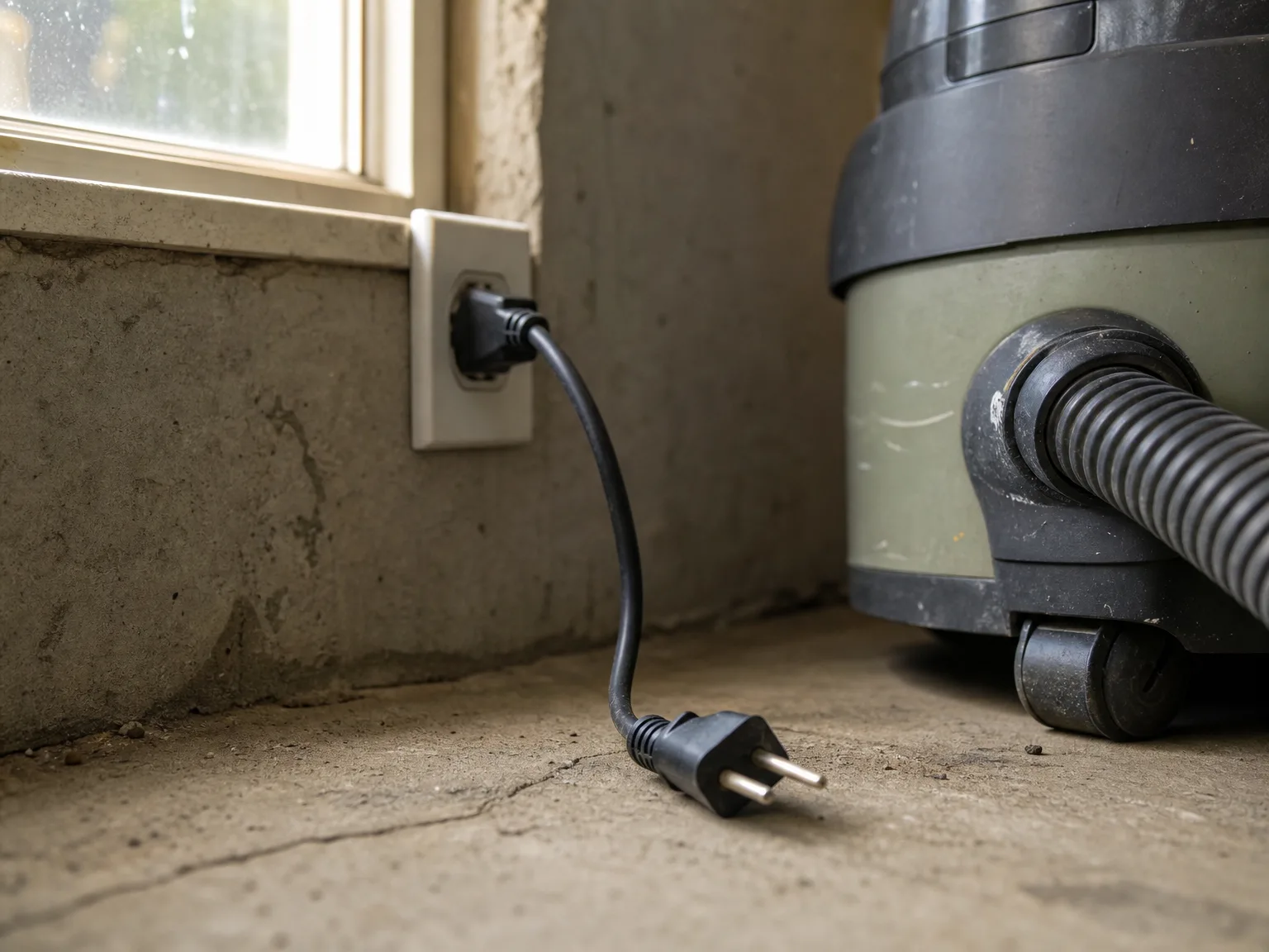 Close-up of the shop vac power cord showing the 10-foot length limitation in a garage setting