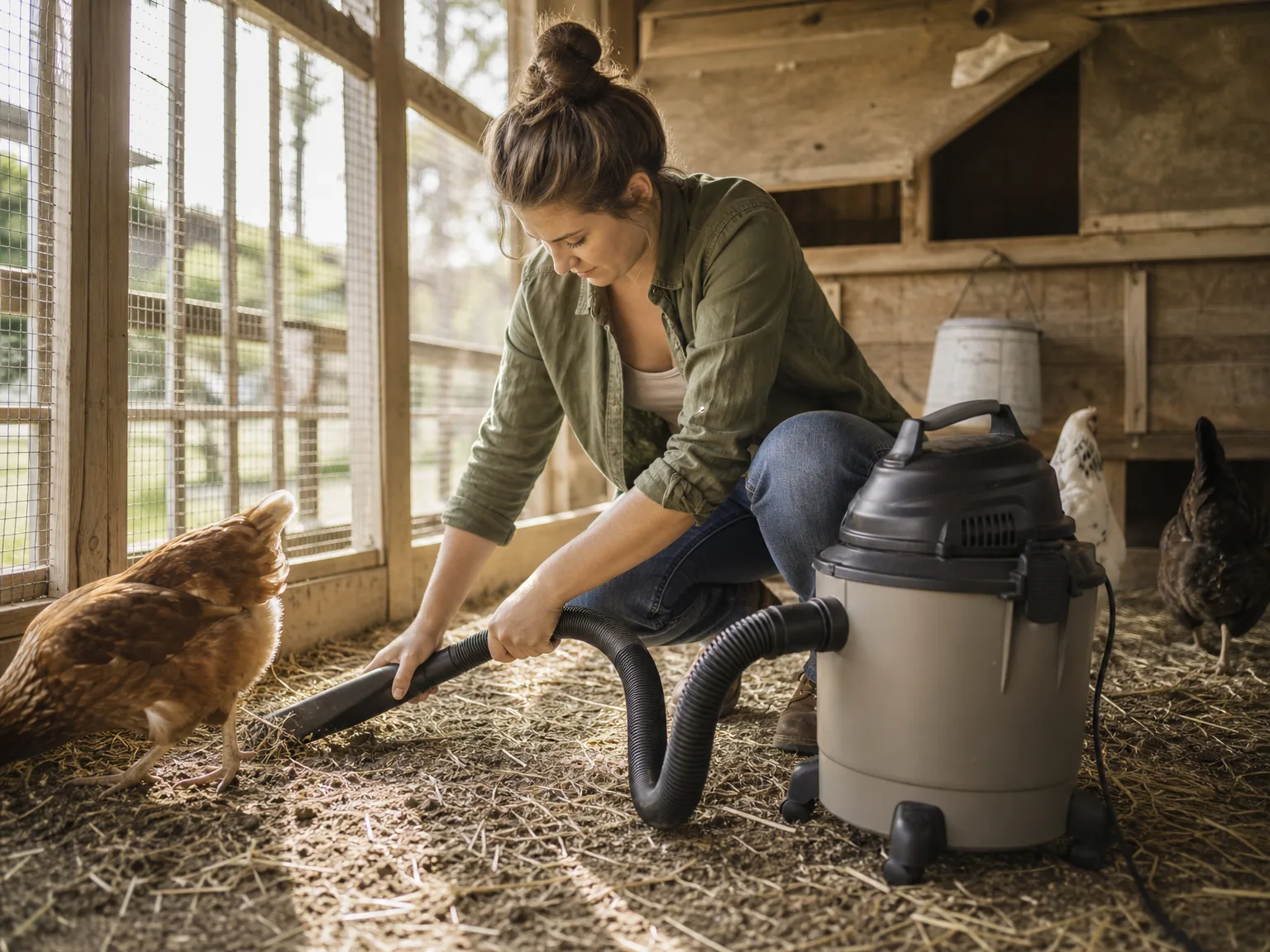 A person vacuuming a chicken coop with a 9 gallon shop vac, hay and bedding being pulled into the hose in a backyard setting