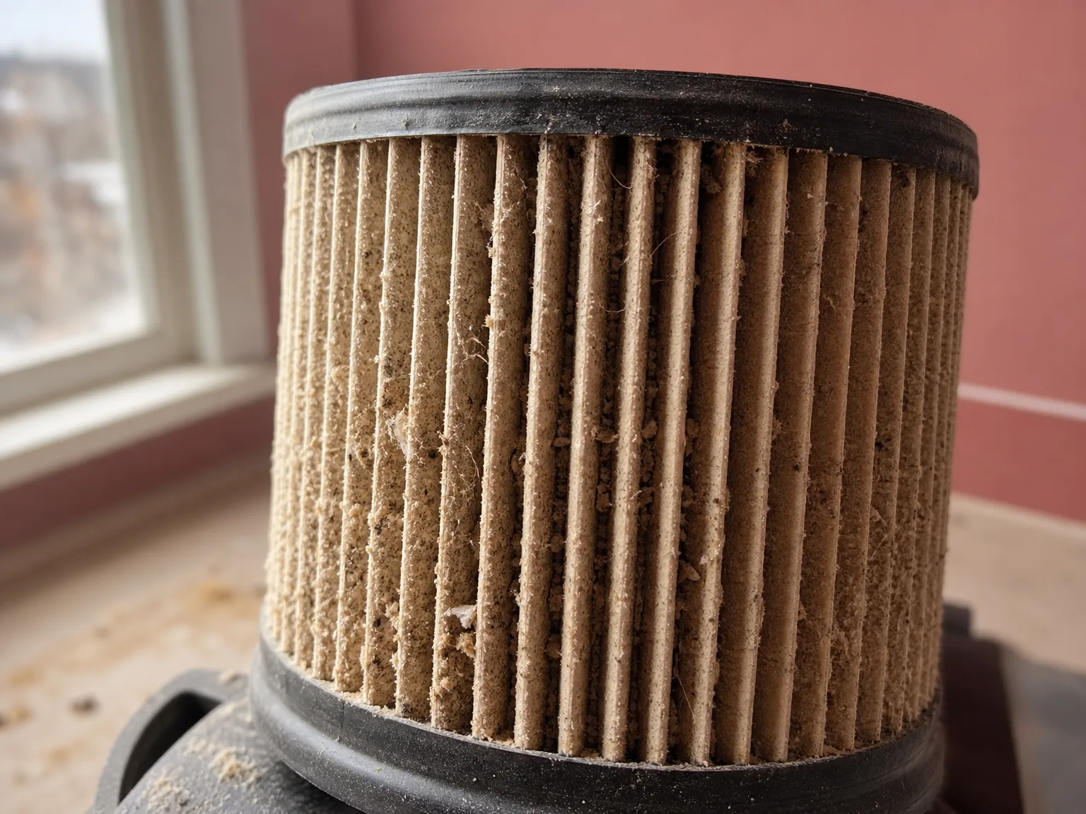 Close-up of the DXV04T filter and dust collection mechanism showing debris buildup